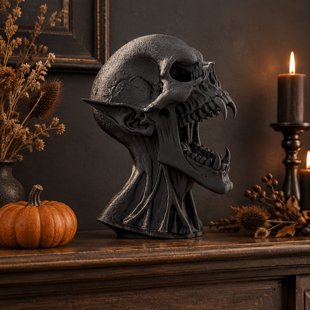 Black Vampire Skull on a Halloween mantel with a pumpkin and dried stems
