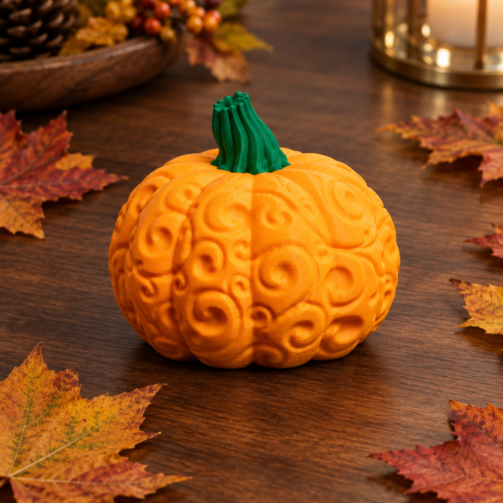 Overhead orange swirl pumpkin on walnut table