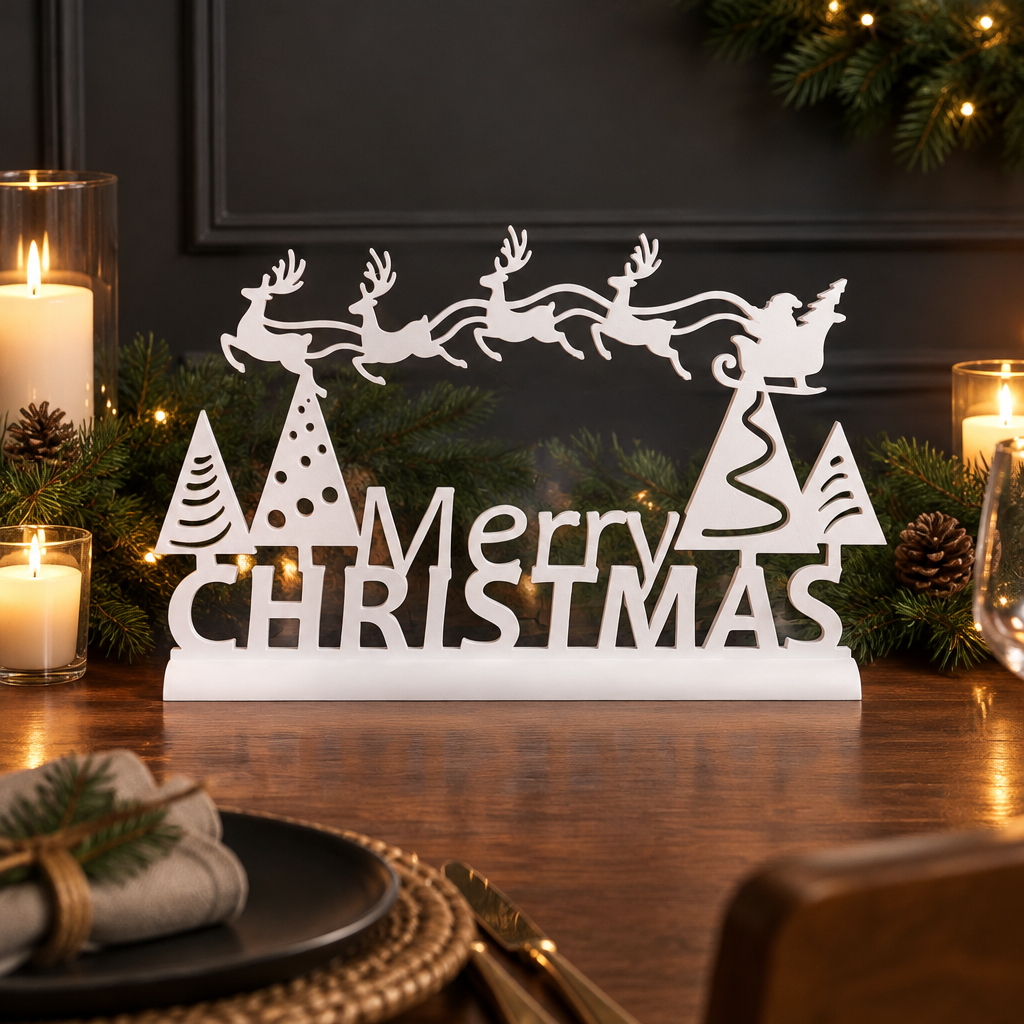 White Merry Christmas sign on a fixed white base against a dark festive backdrop