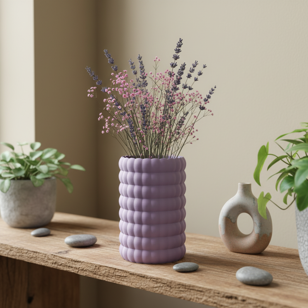 Dusty purple Bubble Bloom vase with dried lavender on a wooden boho shelf with pebbles