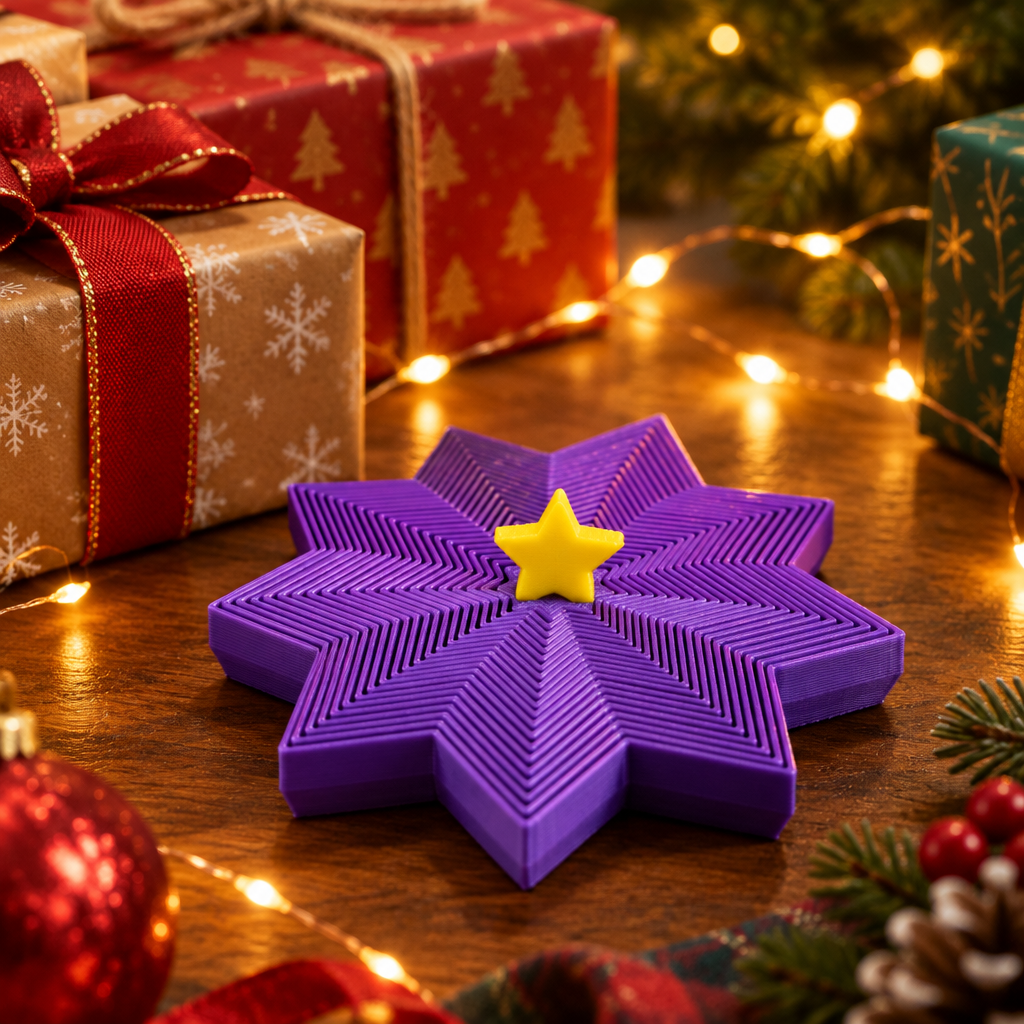 Purple star-shaped fidget spinner with a yellow centre star beside wrapped gifts and warm lights