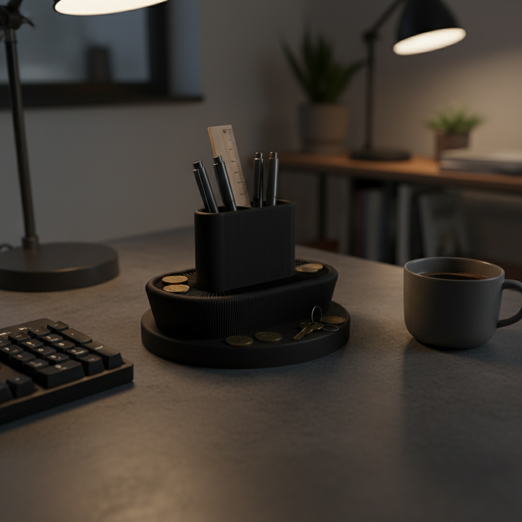 Black ribbed organiser beside keyboard moody home office - lifestyle
