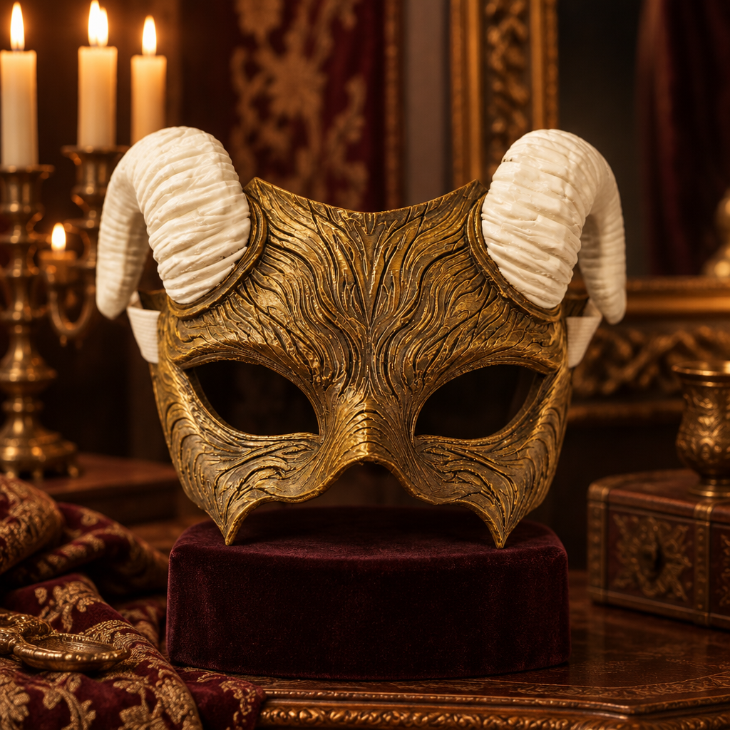 Antique gold Faun Mask with ivory curled horns in a Renaissance costume room, strap not included