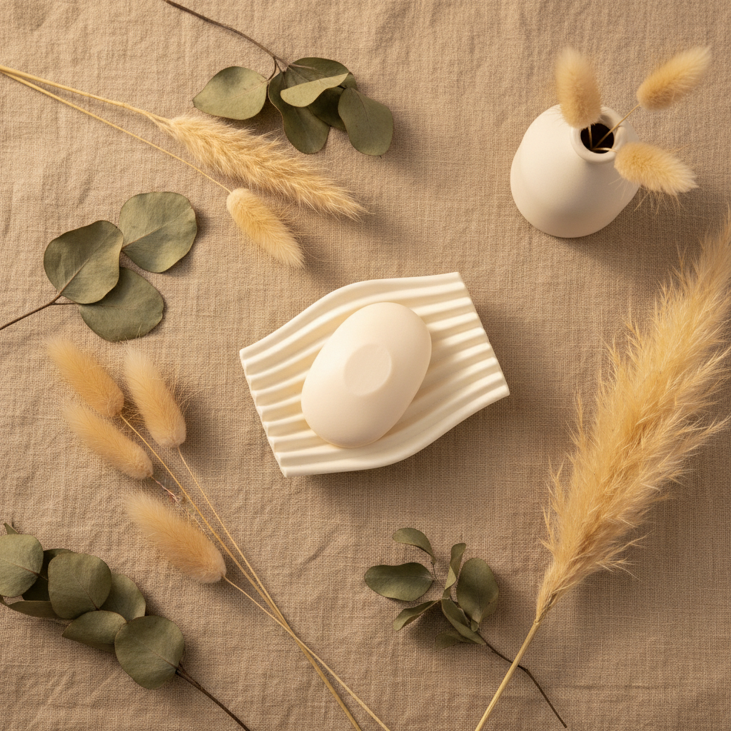 Overhead flat lay white ripple soap dish with pampas grass and eucalyptus on warm linen boho bathroom lifestyle