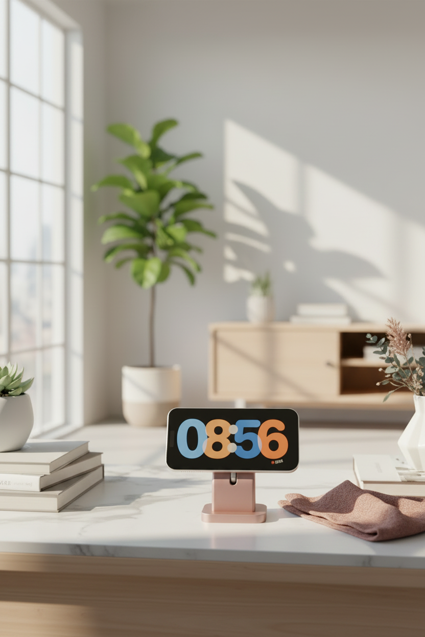 Minimalist MagSafe Charger Stand soft dusty pink rectangular dock low pedestal base holding smartphone displaying time white marble nightstand dried flowers folded linen warm evening bedroom portrait