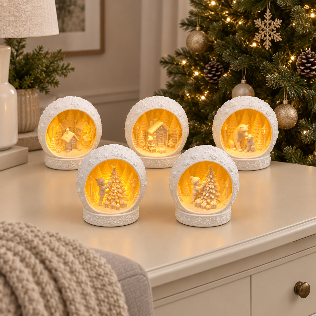 Five white Christmas scene tealight holders displayed on a console beneath a decorated Christmas tree.