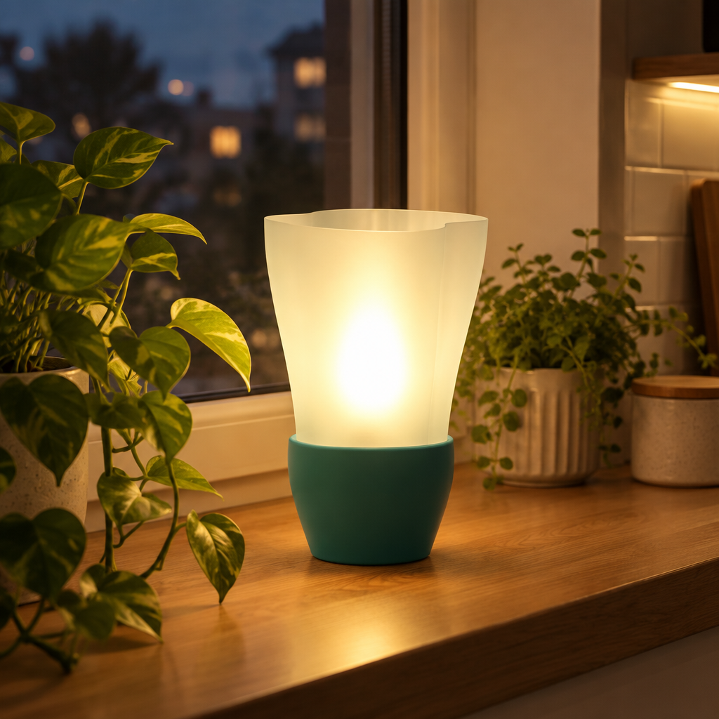 Flowing E14 Lamp glowing on a wooden kitchen windowsill with plants at dusk