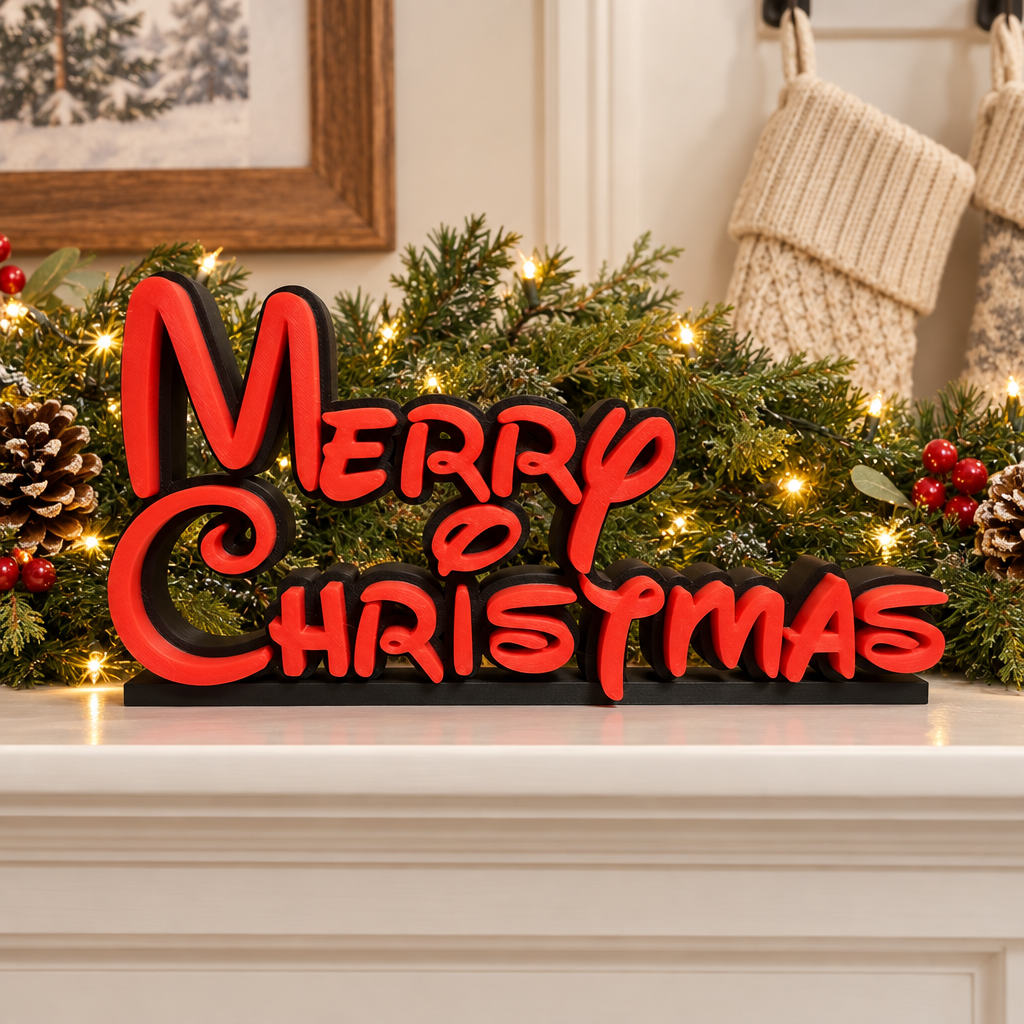 Red Merry Christmas sign with black backing displayed on a festive mantel