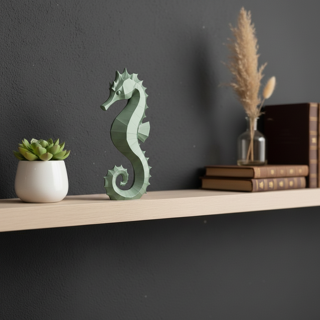 Sage green seahorse sculpture on oak bookshelf with succulents and books