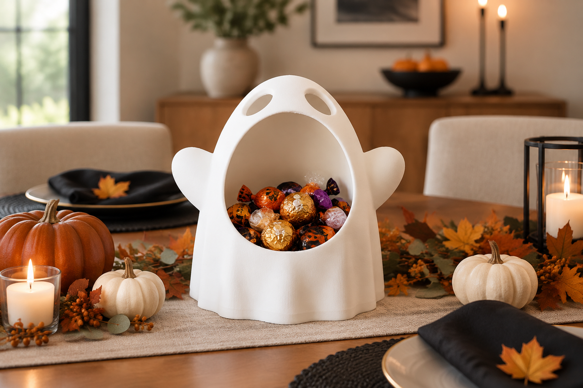 White wide-mouthed ghost sweet bowl holding treats at a Halloween dining table