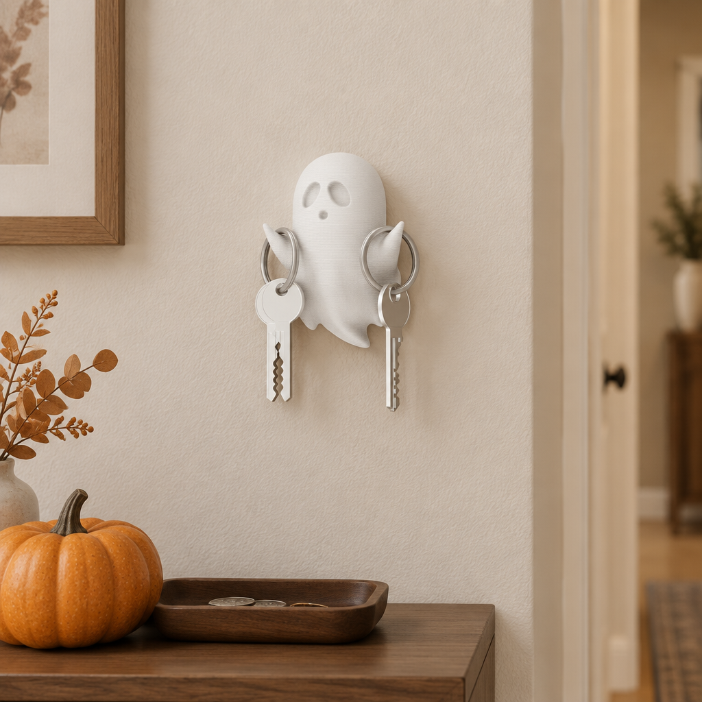Ghost key holder with keys on a pale hallway wall above a console and pumpkin