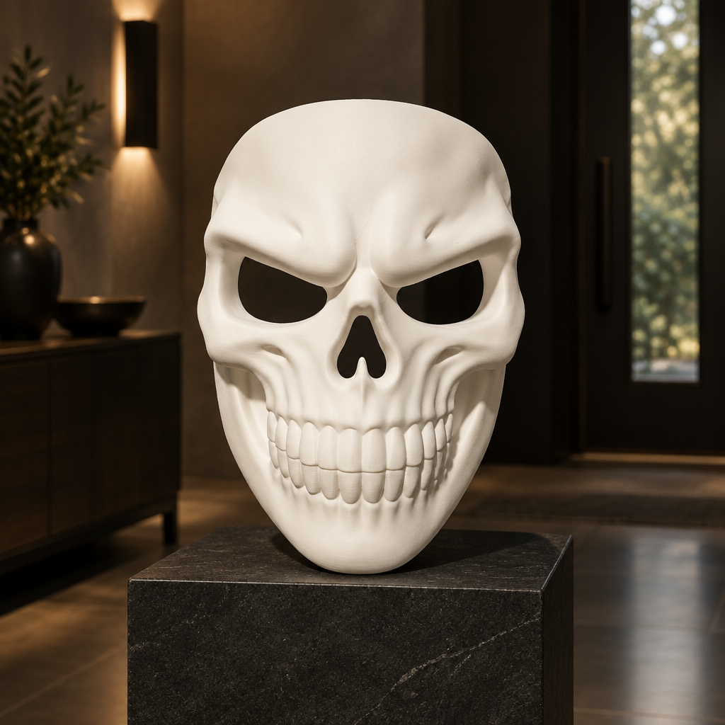 White Grinning Skull Mask displayed on a dark pedestal in a modern entryway.