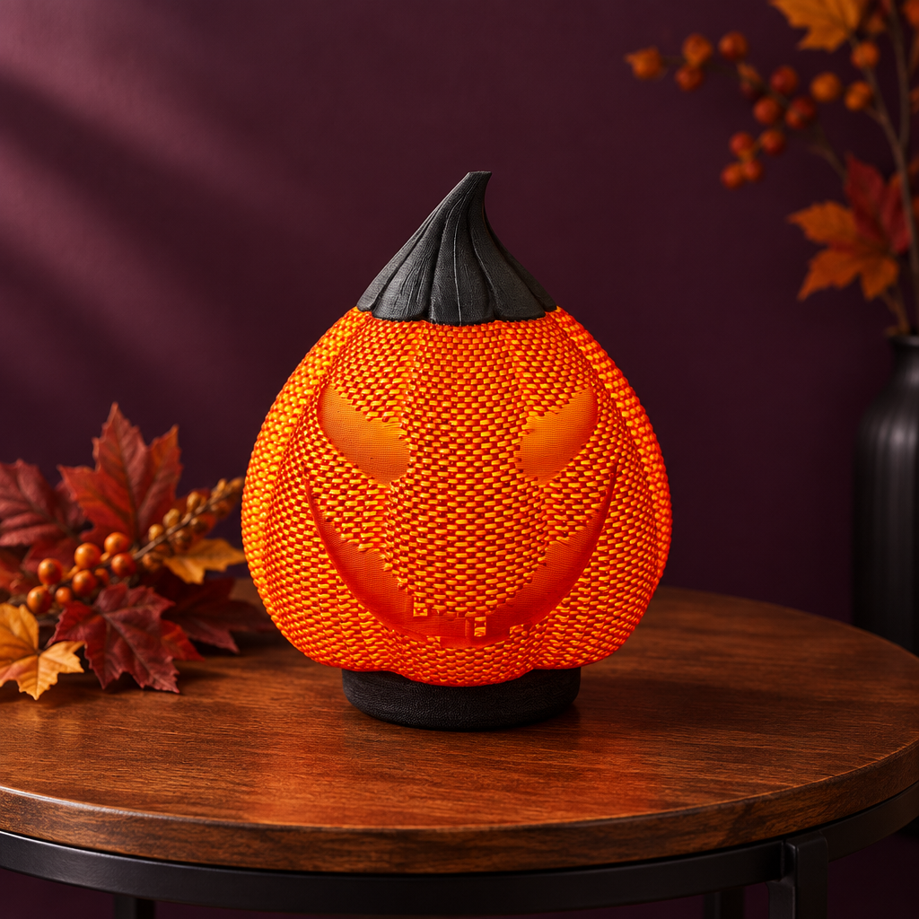Orange Evil Pumpkin decoration on a side table against a muted plum seasonal backdrop