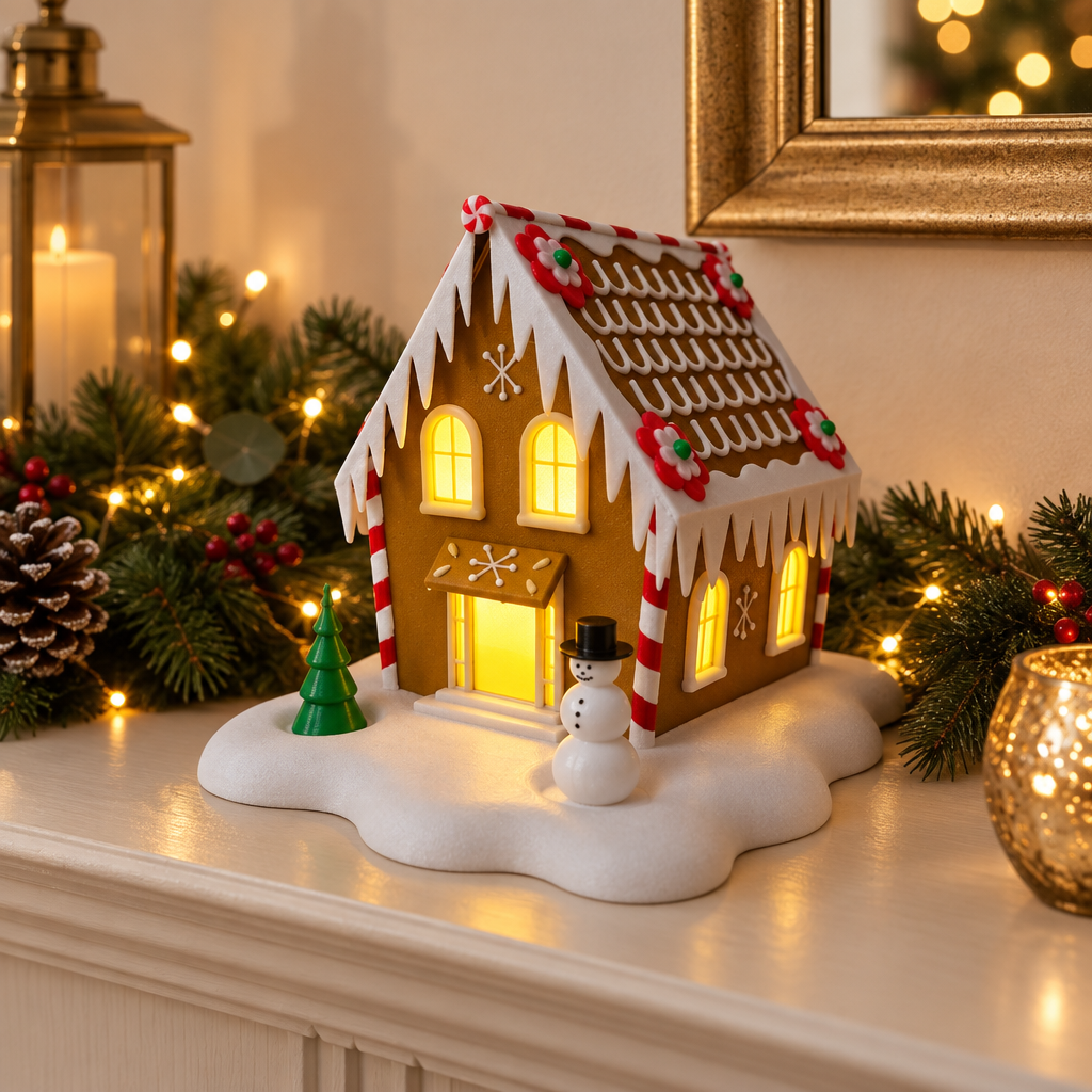 Gingerbread cabin tealight holder displayed on a Christmas mantel with evergreen garland