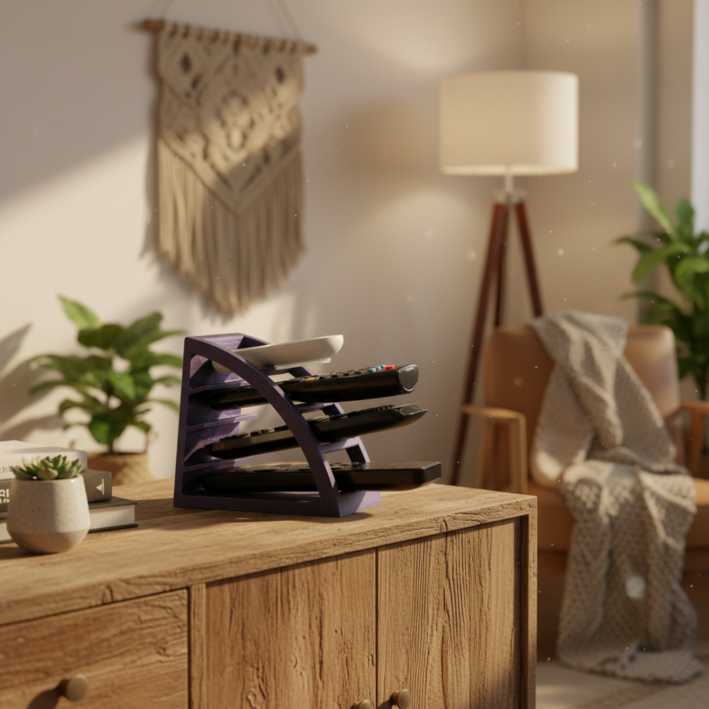 Remote Control Organizer in purple displayed on a rustic wooden sideboard in a warm bohemian living room