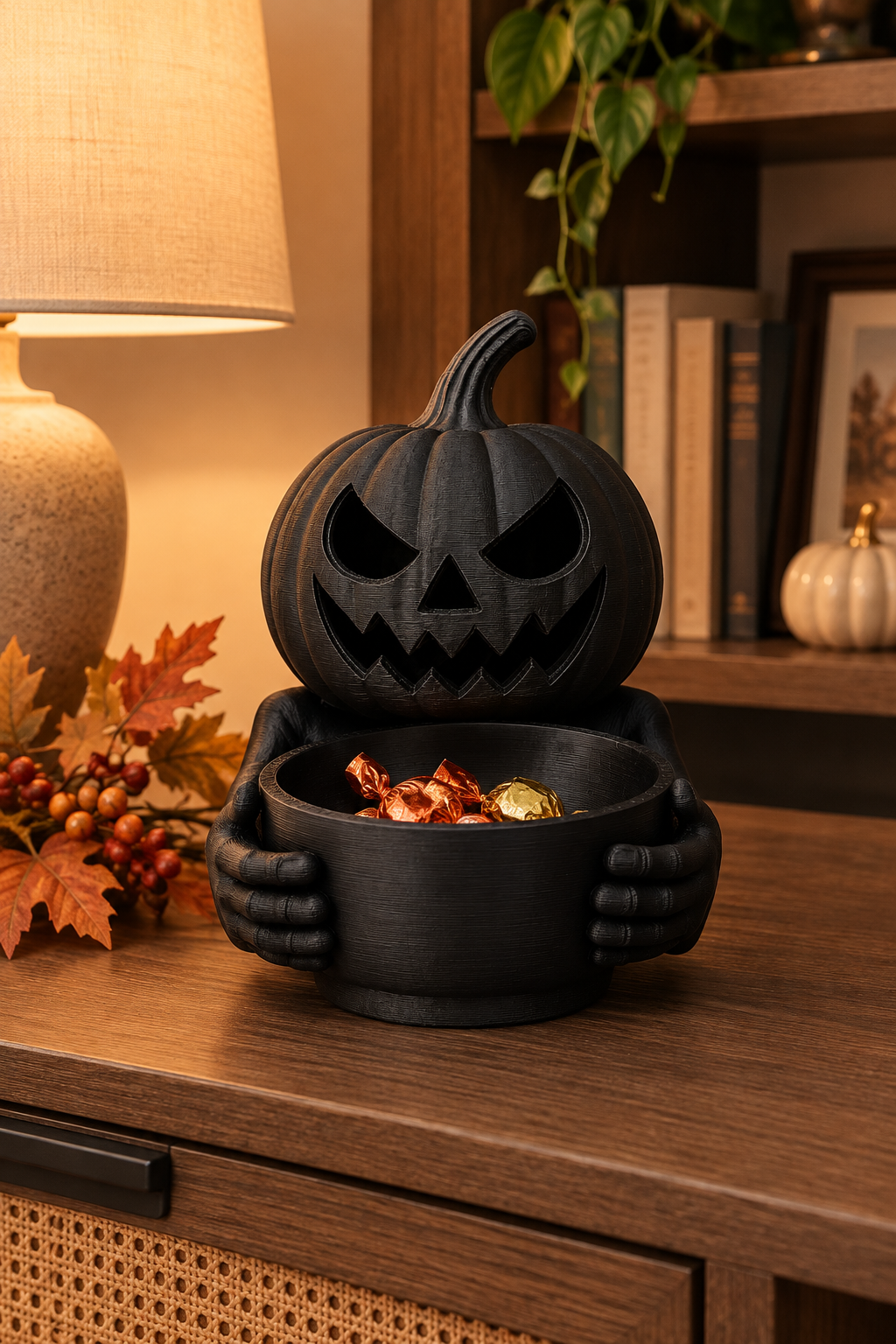 Black pumpkin figure with wrapped sweets styled on a cosy living room console