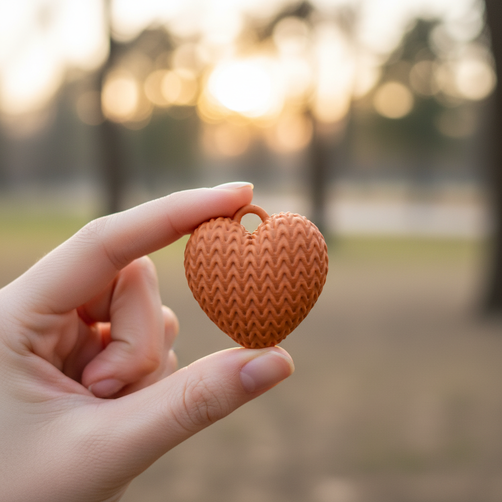 Terracotta orange knitted heart charm held in woman's hand in sunny park