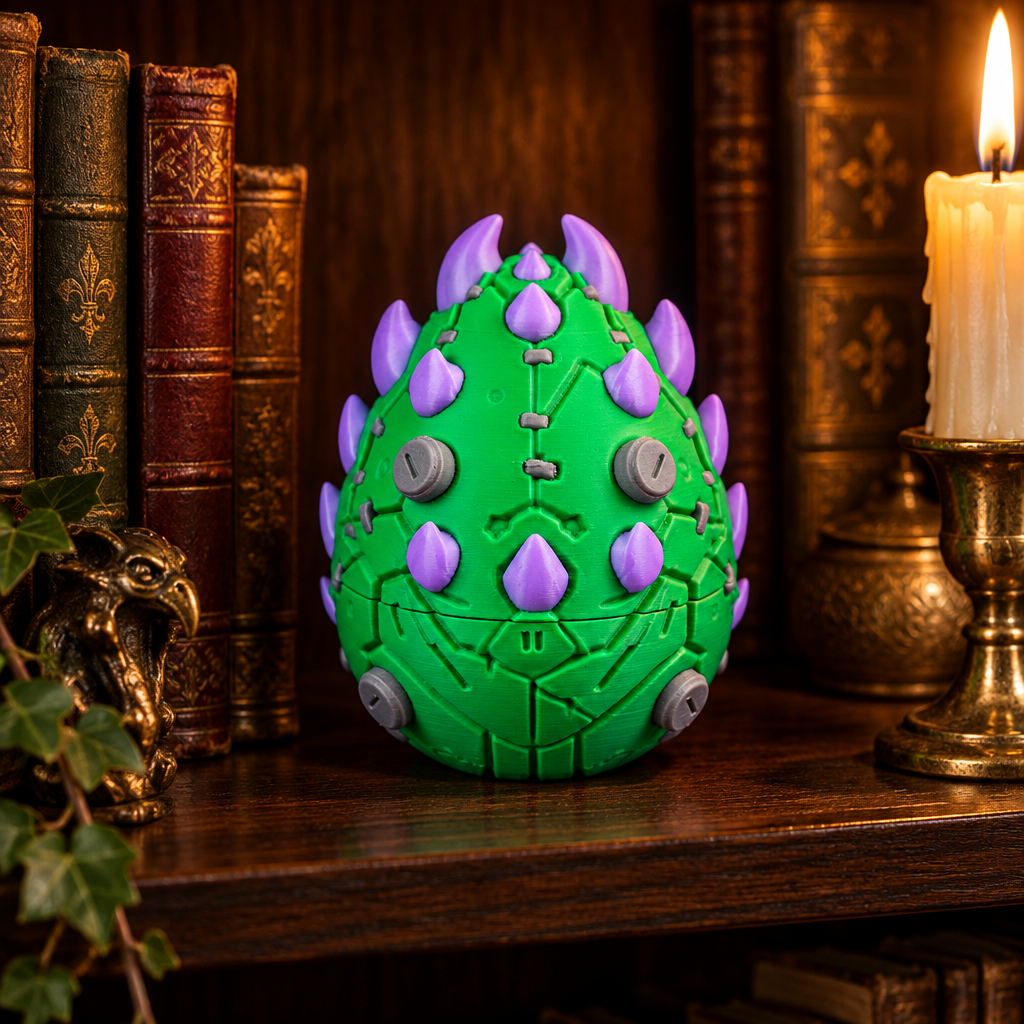 Frankenstein Dragon Egg on oak bookshelf
