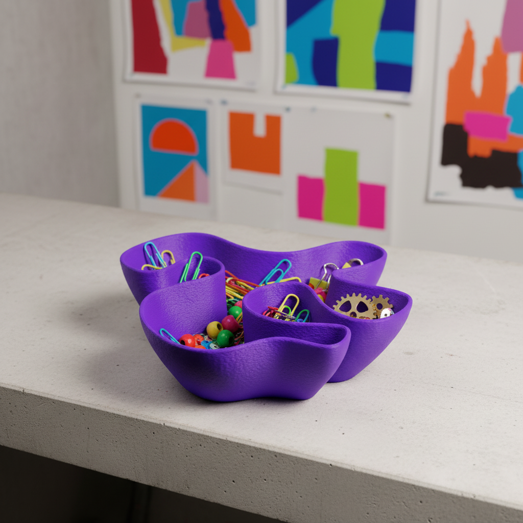 Fabric Ripple Bowl vivid neon purple matte sweeping fabric-fold rim sculpted interior pale concrete shelf bold eclectic creative studio colourful paper clips dramatic studio light art prints square editorial