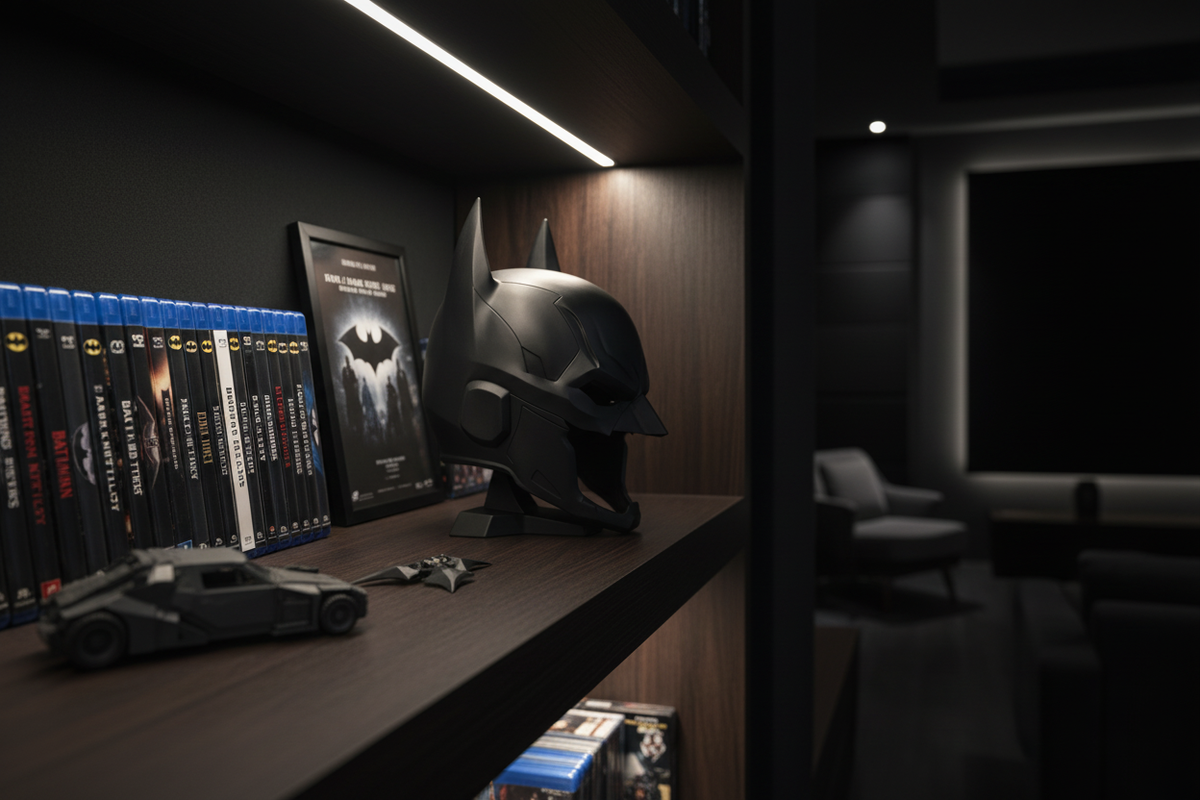 Batman cowl helmet replica sculpture black matte twin bat ears angular visor display base dark home cinema shelf Batman Blu-ray film memorabilia dim cinematic accent lighting landscape editorial