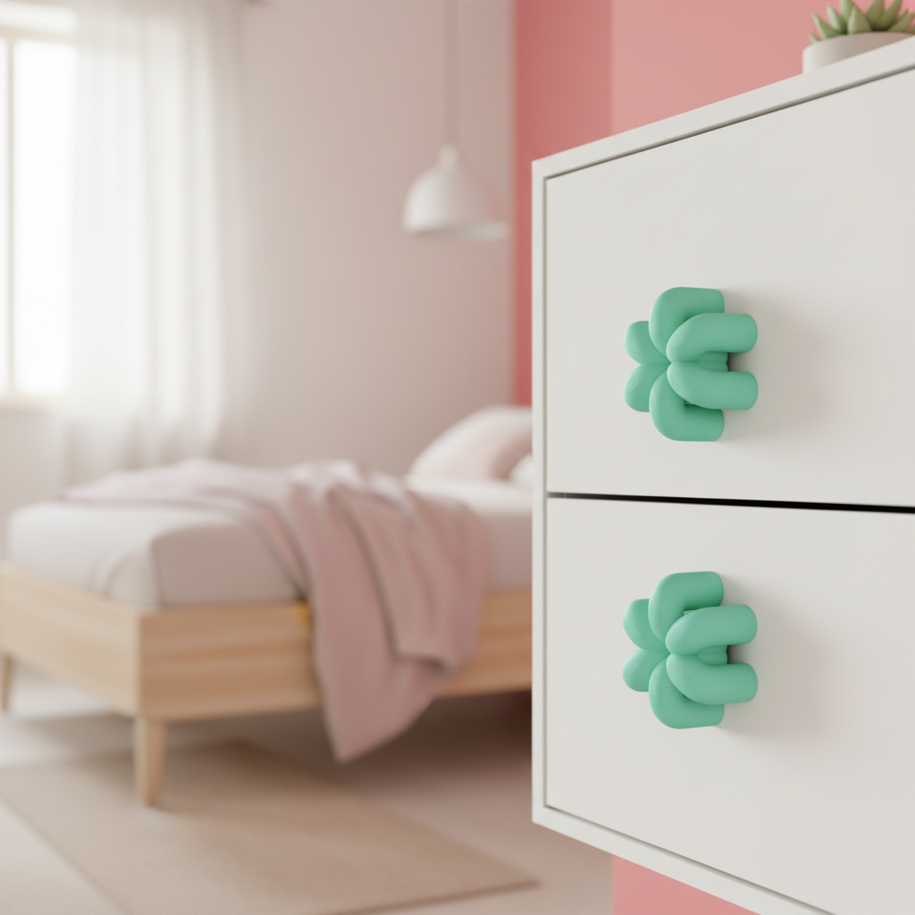 Wibble Cabinet Handle sage green on white drawer unit bedroom lifestyle