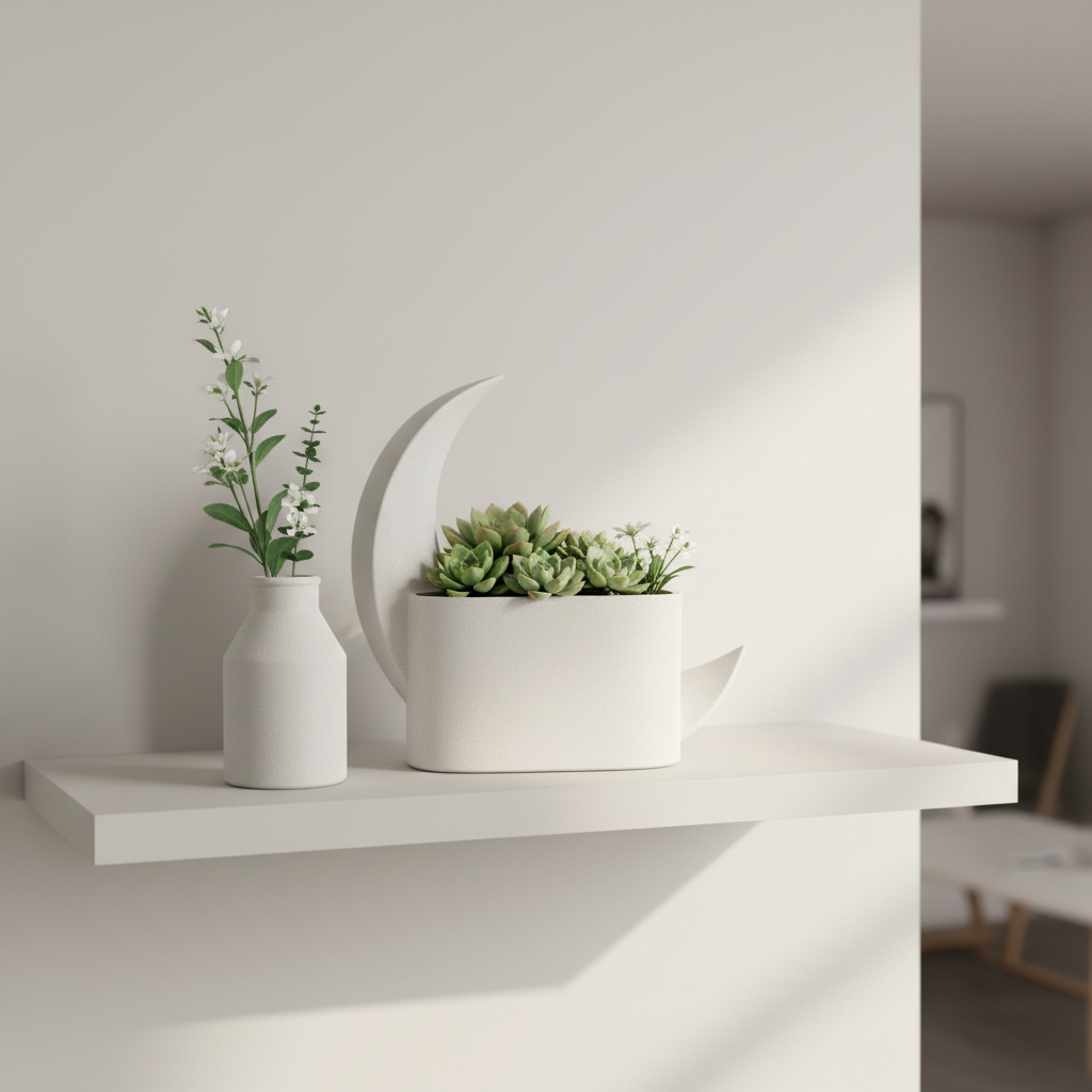 Matte white crescent planter and vase set with succulents on a minimalist white shelf