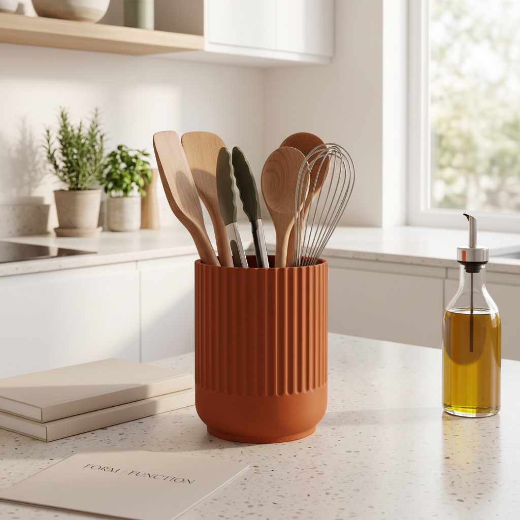 Japandi-Style Kitchen Utensil Holder in burnt orange — lifestyle shot on white quartz island with cookbooks