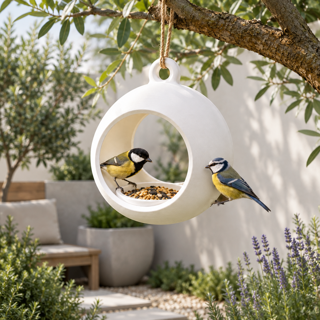 Sphere feeder in minimalist courtyard
