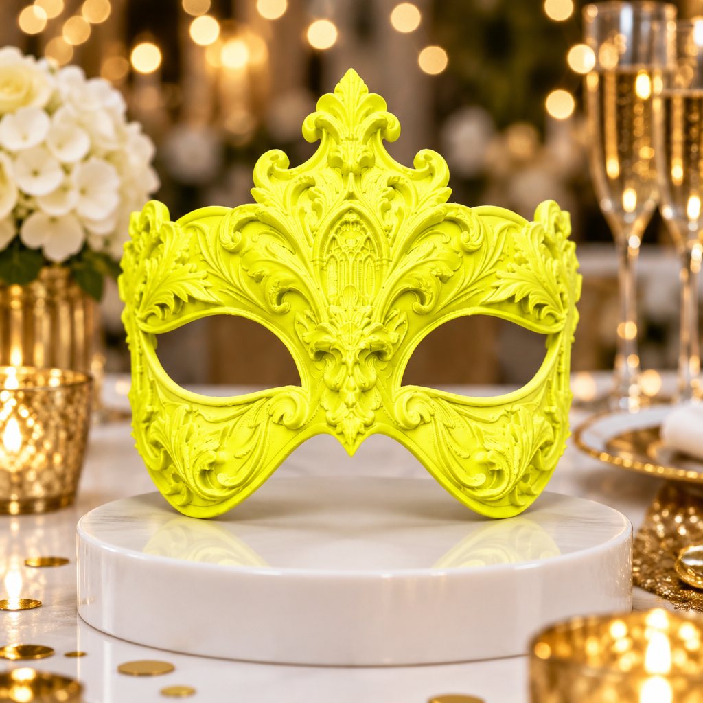 Neon yellow Baroque masquerade mask on a modern masquerade party table, no strap included