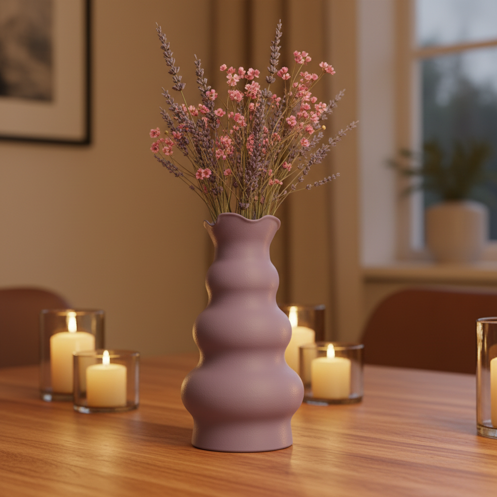 Dusty purple tulip-inspired vase with dried lavender on a wooden dining table with candles
