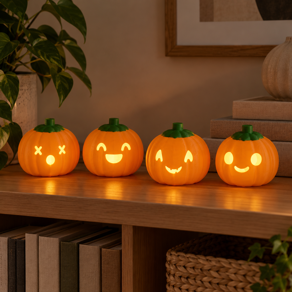 Four pumpkin lanterns on a bookshelf