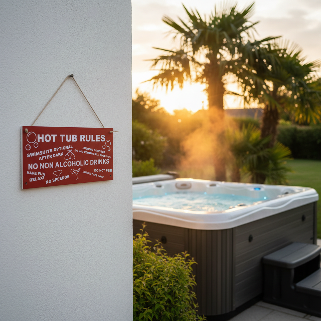 Red Hot Tub Rules Sign hung at realistic scale on white rendered garden wall in warm summer evening light