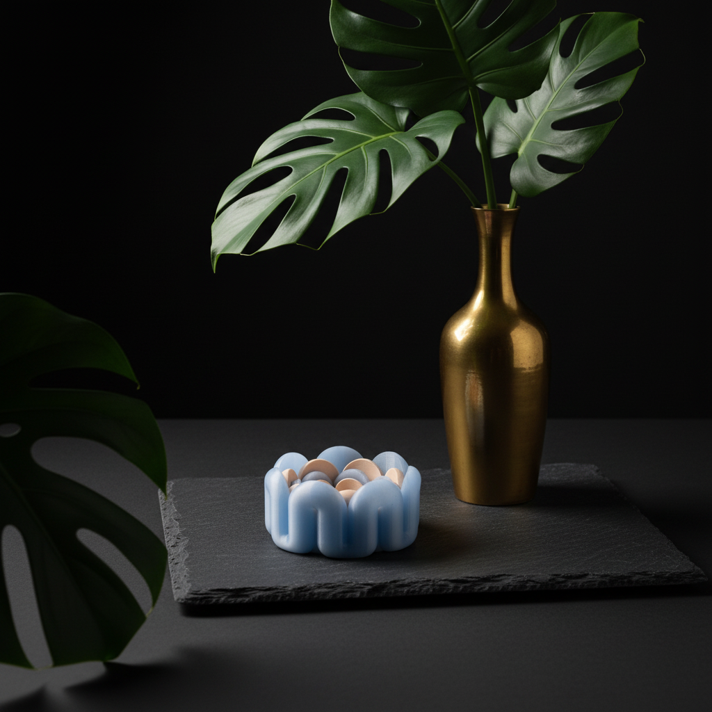 Blue wibble nested trays on dark slate with brass vase monstera moody luxury lifestyle
