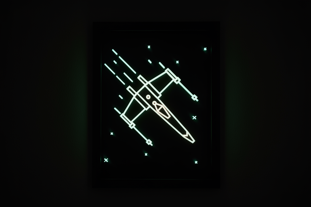 X-Wing Neon Line Art shadow box glowing in the dark with a green holographic effect