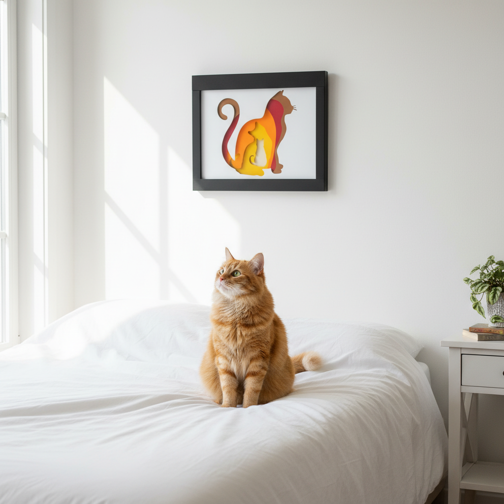 Cat Shadow Box displayed on white bedroom wall with a real cat sitting on the bed below looking up at it