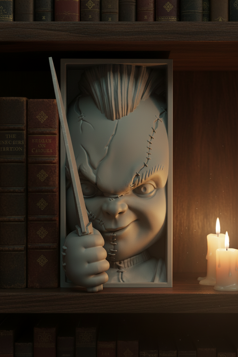 Chucky book nook relief sculpture grey framed box dark wooden bookshelf vintage leather hardcover books atmospheric moody Halloween library candlelight portrait