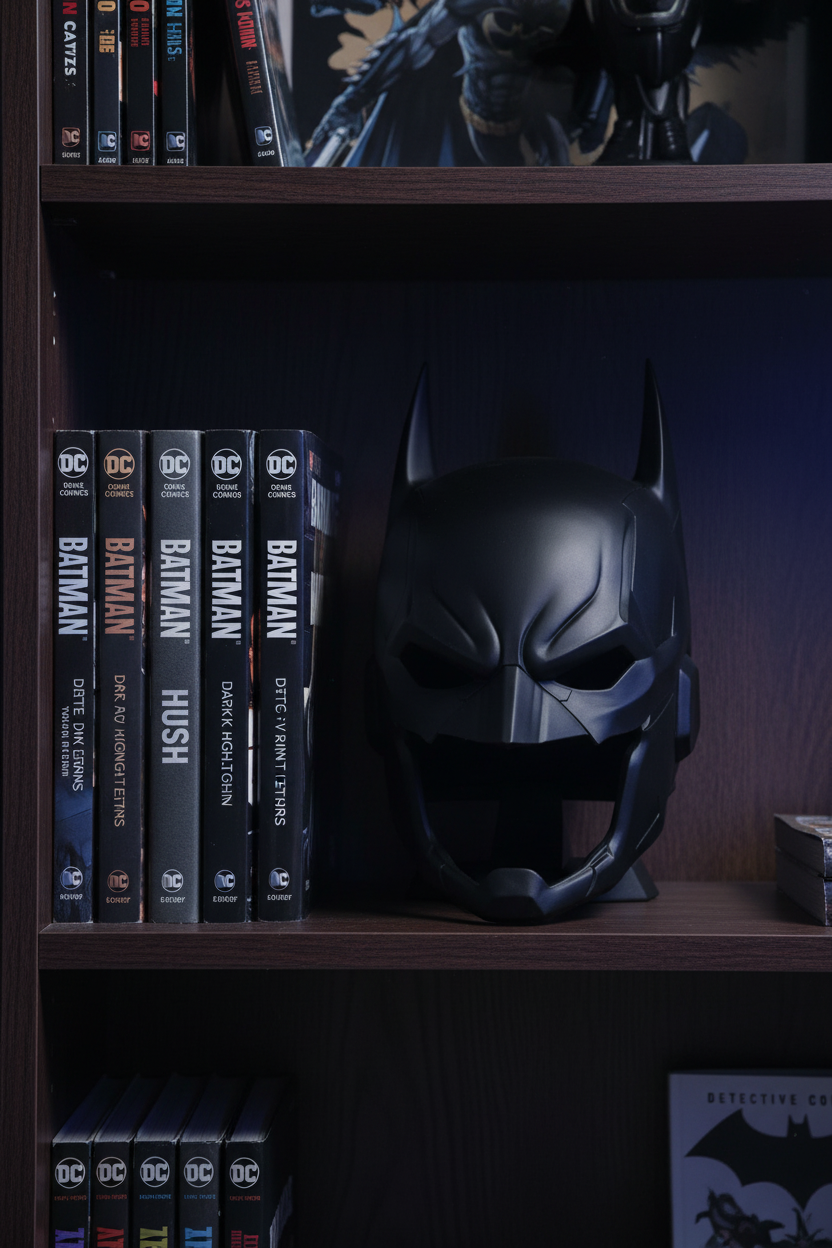 Batman cowl helmet replica sculpture black matte twin bat ears angular visor diamond eye apertures panel lines display base on dark wooden bookshelf beside DC comics graphic novels atmospheric moody superhero den portrait