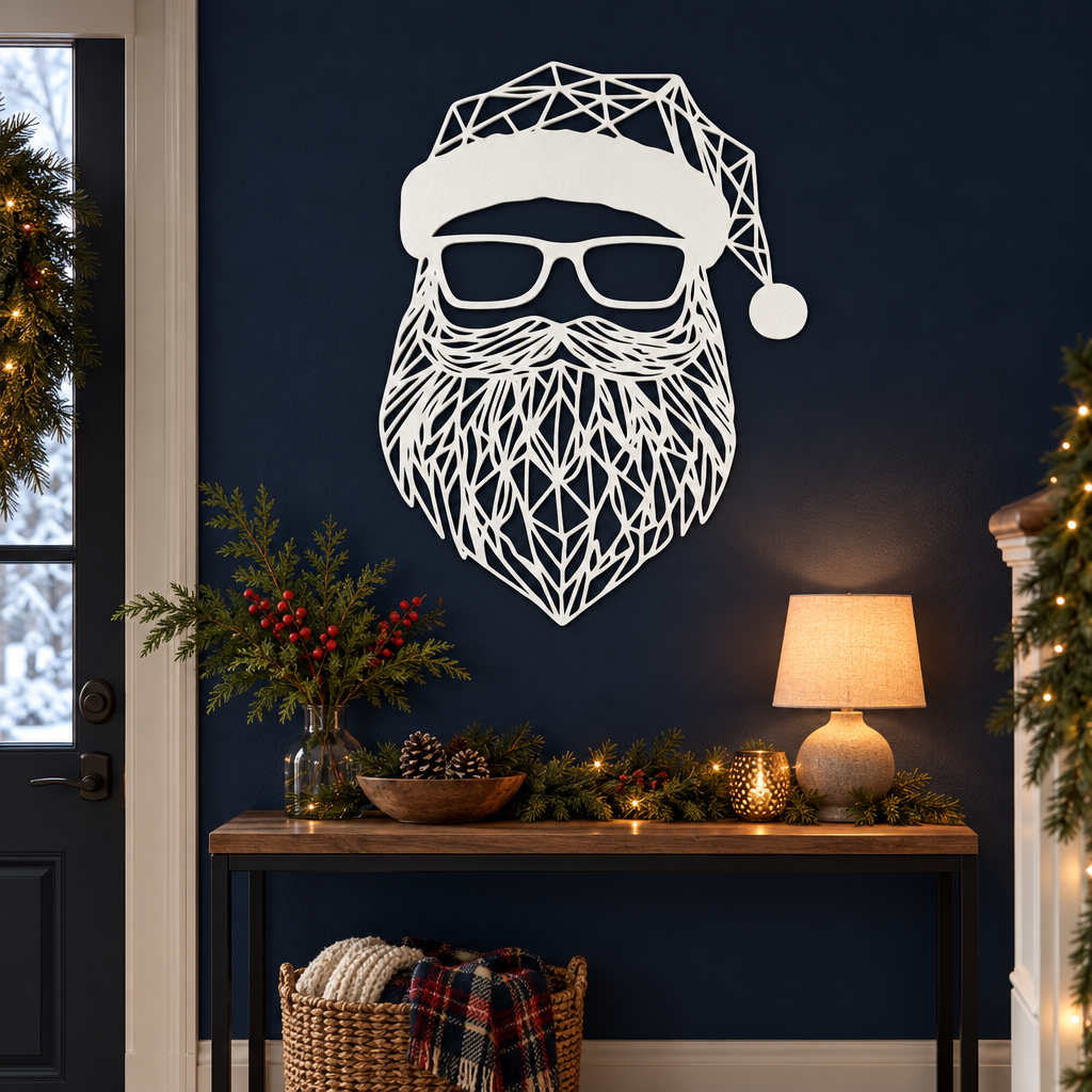 White Santa window and wall sign displayed against a navy entryway wall