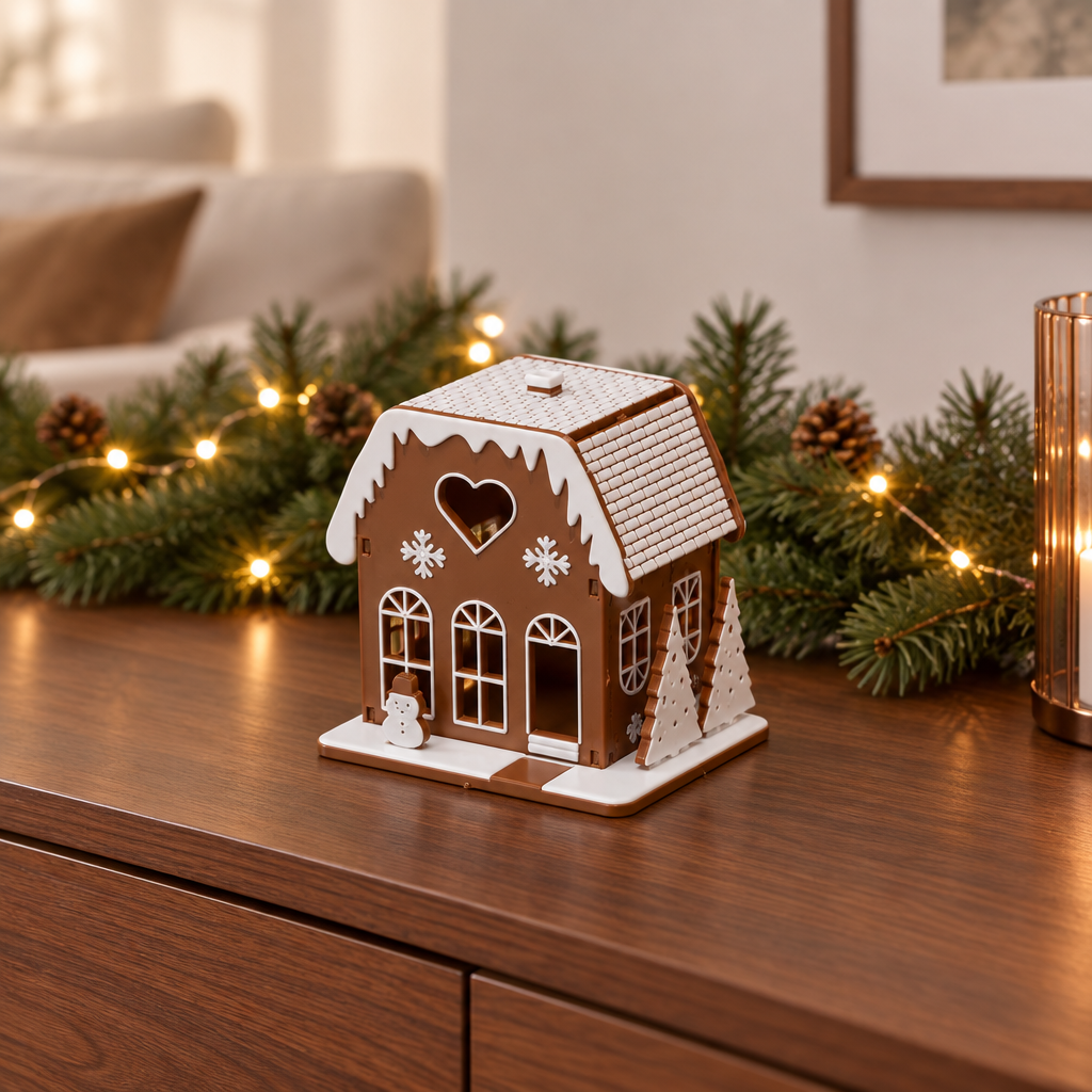 Brown miniature Christmas house on a walnut sideboard with evergreen garland