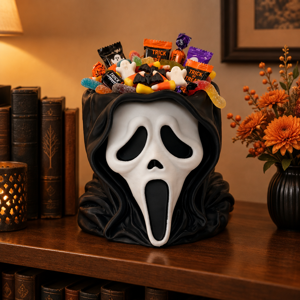 Black head-shaped Ghostface sweet bowl filled with wrapped sweets beside books and autumn decor