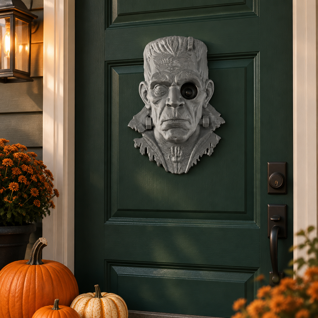 Frankenstein peephole decoration on green door