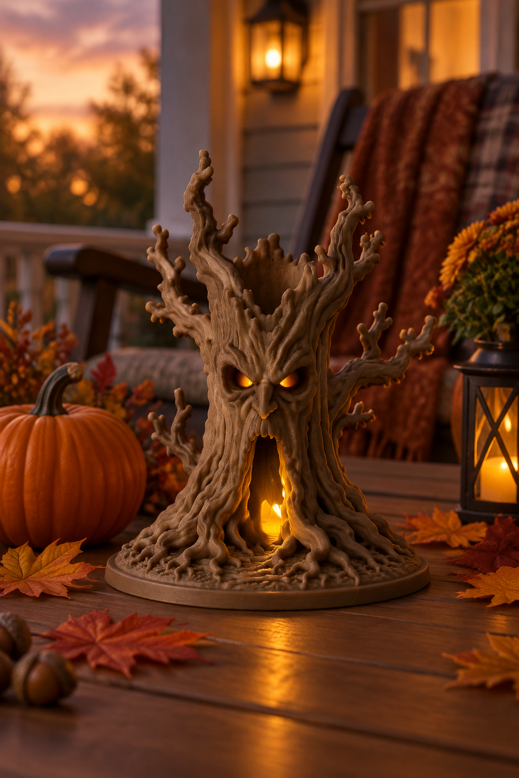 Haunted tree tealight holder glowing on a sheltered porch table with pumpkins and fall leaves at dusk