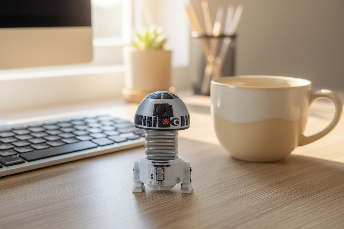 Star Wars R2-D2 Springie on a bright wooden desk with coffee mug and keyboard showing small desktop toy scale