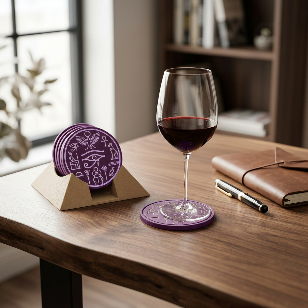 Ancient Egyptian Pyramid Coaster Set - Purple colourway on coffee table