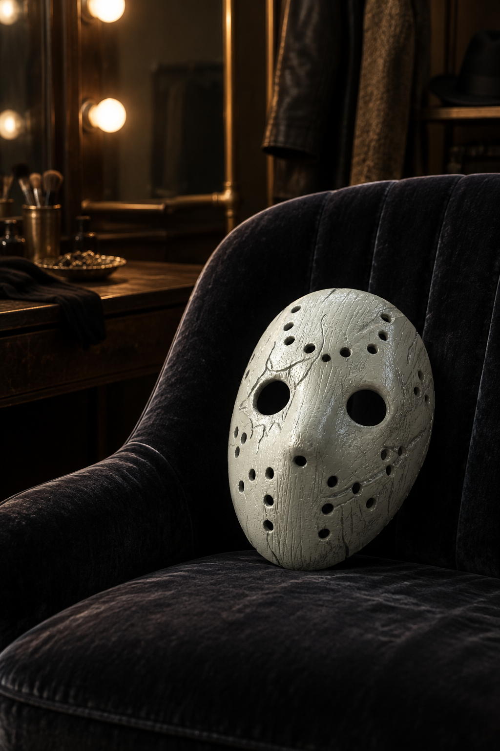 Pale weathered Jason Mask on a velvet chair in a dressing area