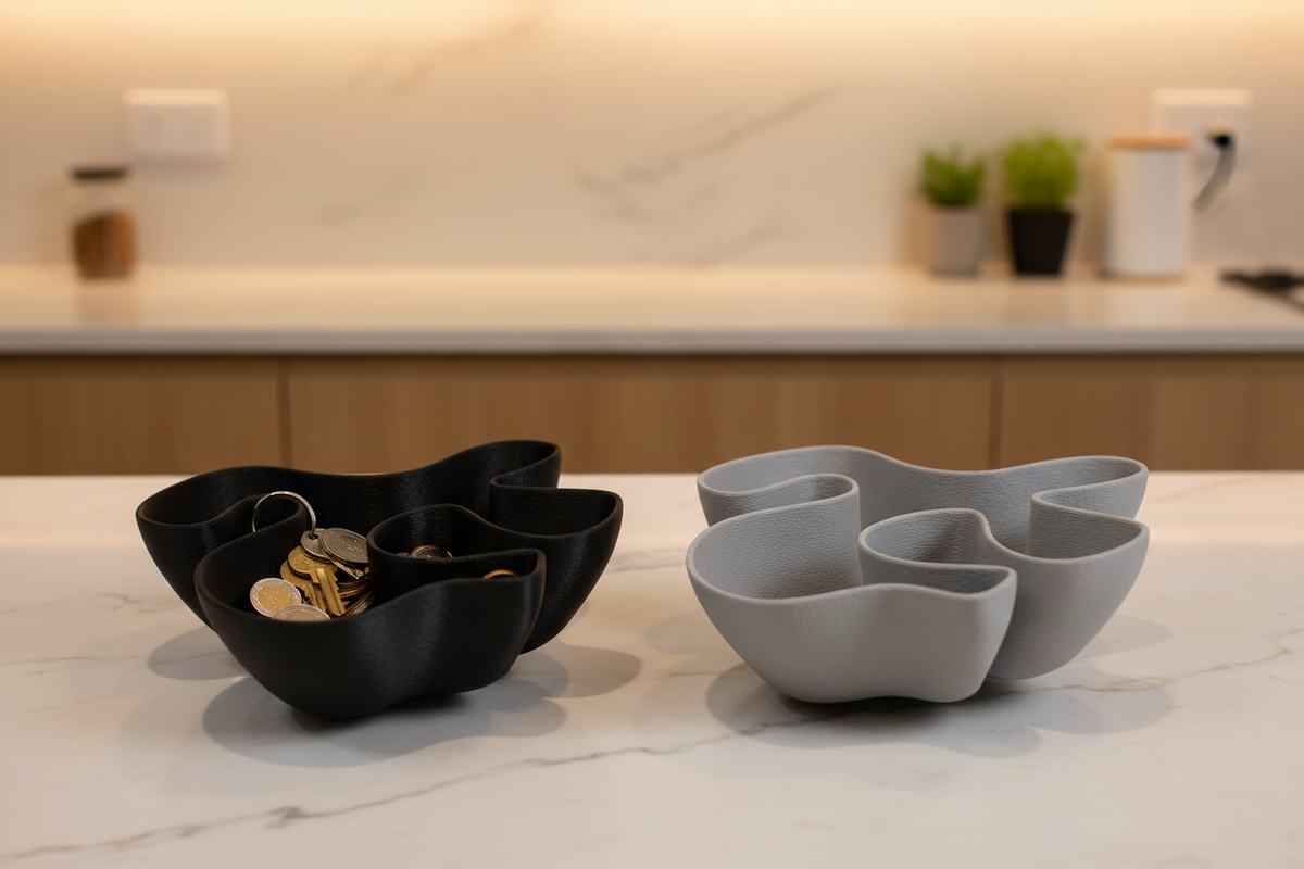 Two Fabric Ripple Bowls deep black and soft grey matte finishes pale marble kitchen counter one holding coins and keys one empty as sculptural accent warm minimal contemporary kitchen soft overhead light wide editorial landscape