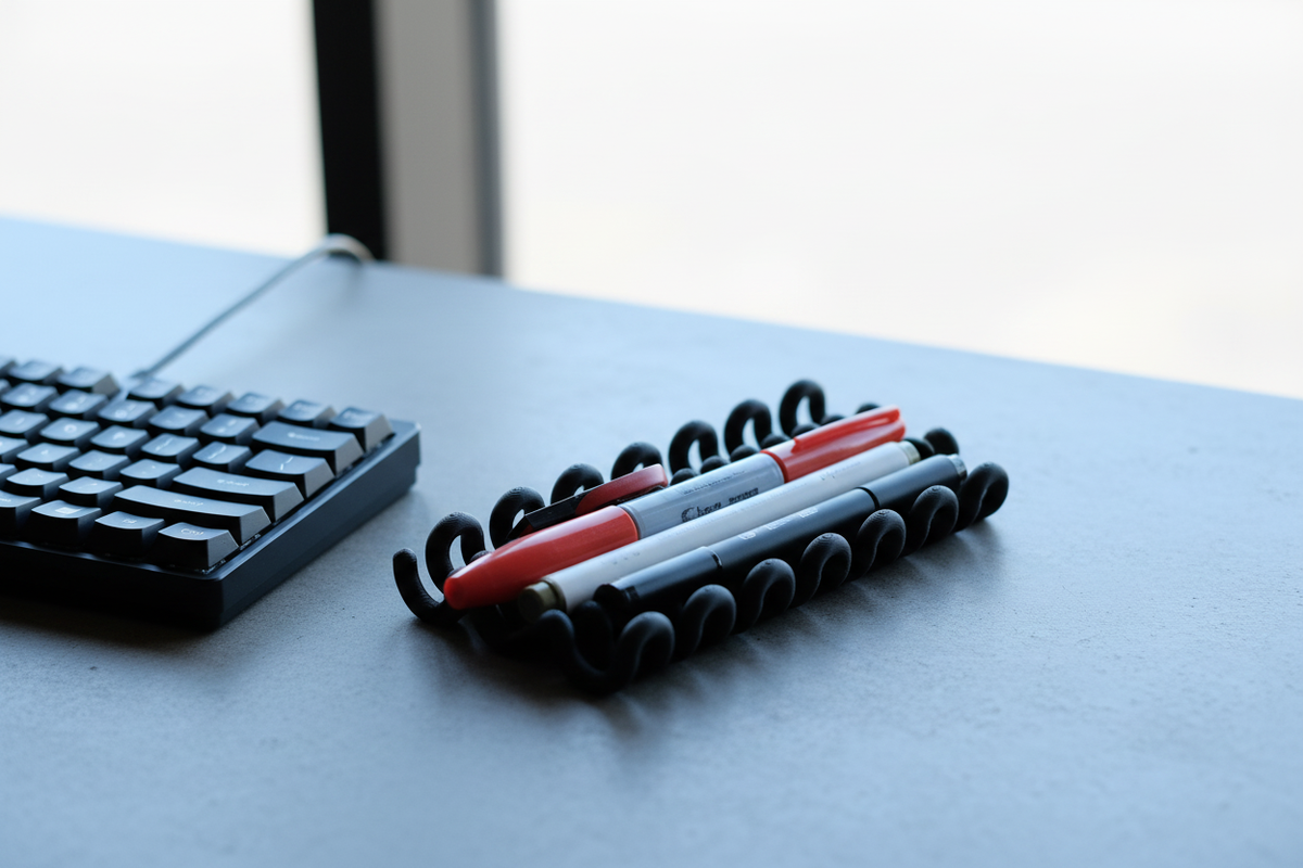 Black wibble pen tray beside keyboard minimalist office - lifestyle