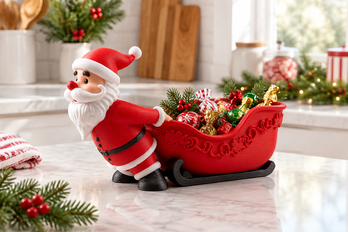 Santa and red sleigh sweet bowl styled on a bright Christmas kitchen counter