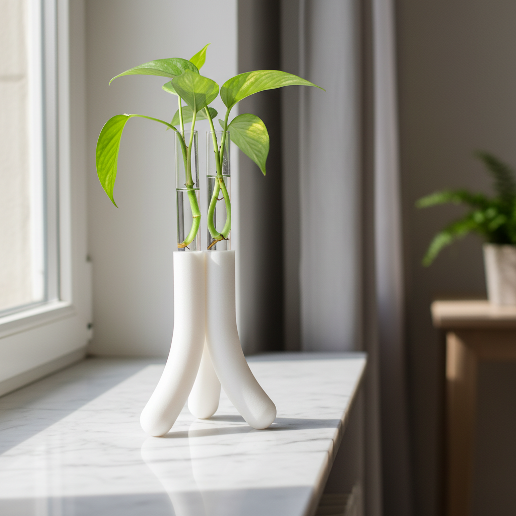 Modern Triple Stem Propagation Holder on marble windowsill with plant cuttings