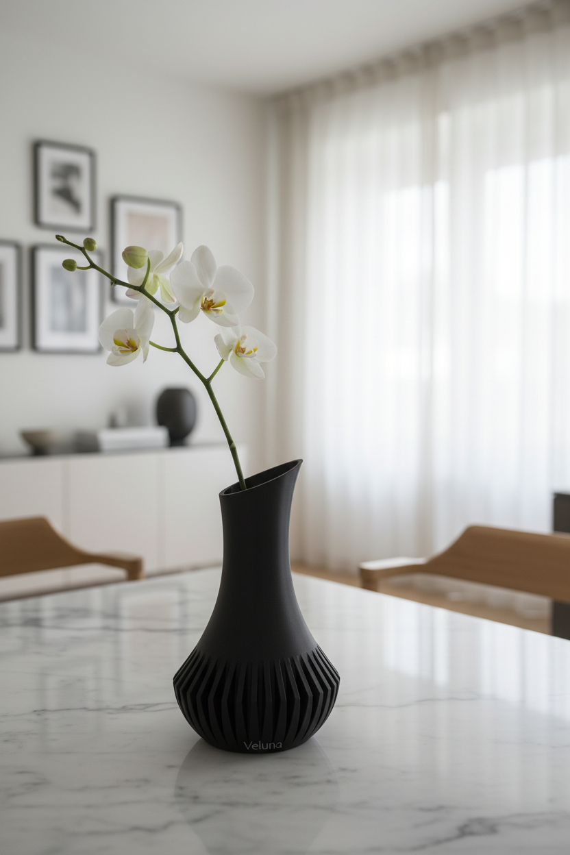Veluna vase with white orchid on marble table